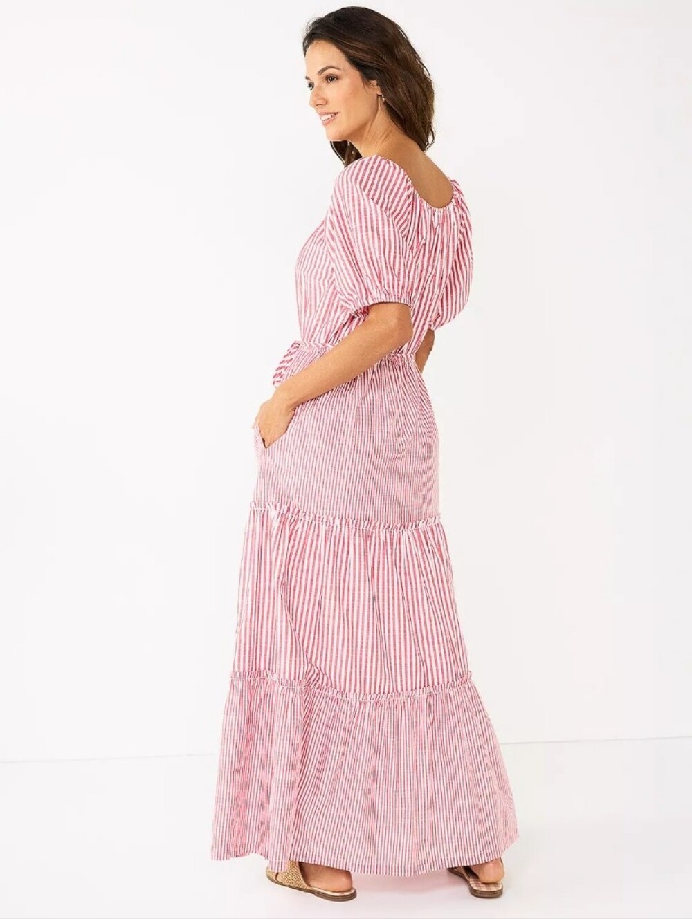 DRAPER JAMES RSVP Puff Sleeve Tiered Maxi Dress Red White Striped Size Medium - Picture 3 of 16